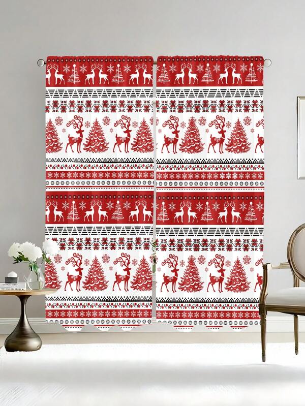 2 Pcs Holiday Christmas Curtains With Santa Claus & Snowman Scenes, Rustic Wooden Background, Christmas Tree & Gift Designs - Semi-Sheer Polyester, Rod Pocket Hanging, Suitable For Holiday Parties, Winter Celebrations, Christmas Decor