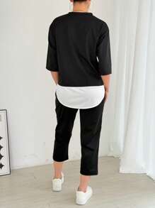 Conjunto de pijama de manga larga de unicolor y ajuste ceñido para mujer, ropa de otoño