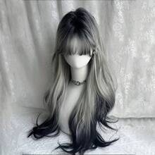28 英寸黑白渐变长波浪假发 女士长卷发假发 带刘海 合成假发 万圣节派对