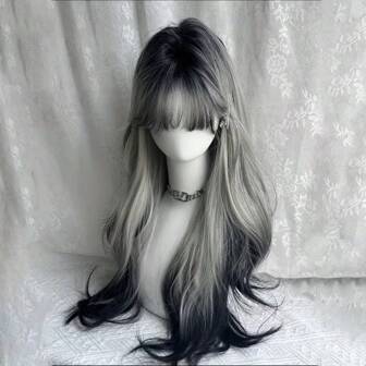 28 英寸黑白渐变长波浪假发 女士长卷发假发 带刘海 合成假发 万圣节派对