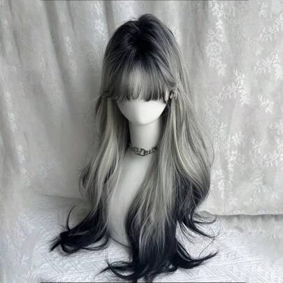 28 英寸黑白渐变长波浪假发 女士长卷发假发 带刘海 合成假发 万圣节派对