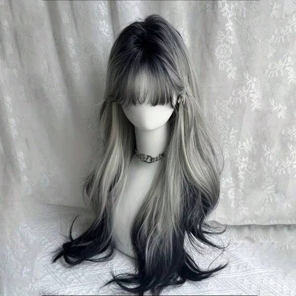 28inch Black White Gradient Long Wavy Wig For Women Long Curly Wig With Bangs Synthetic Wig Halloween Party