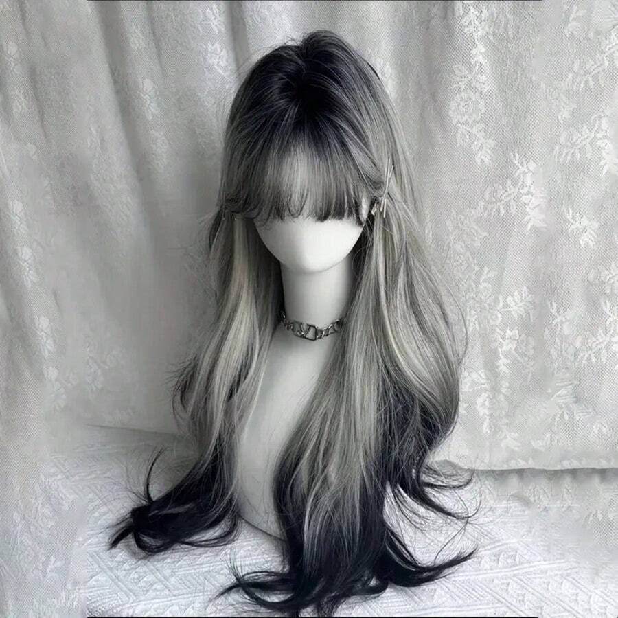 28 英寸黑白渐变长波浪假发 女士长卷发假发 带刘海 合成假发 万圣节派对