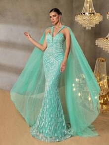 Vestido de noche de lujo Faeriesty con cuello halter y capa de tul transparente | Elegante vestido formal de silueta de sirena con apliques bordados y cola dramática | Vestimenta formal para alfombra roja, bodas de etiqueta negra, ceremonias de premios, bailes benéficos - Verde - Ver 9