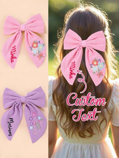 1 pieza Pinza de pelo con lazo bordado personalizado para niñas, lazos de pelo bordados con nombre personalizado, pinza de pelo con flor bordada y lazo lindo, adecuado para decoración diaria del cabello, regalo para niñas, multifuncional, ornamental, con letra, elegante, moderno, colorido, lindo, adorable, casual, personalizado, único, regalo ideal para él, regalo ideal para ella