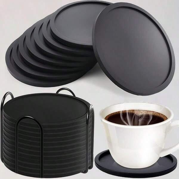 Set de 7 portavasos de silicona negros, resistentes al calor, protectores para vasos, mesas de café y muebles de bar, almohadillas y portavasos resistentes al calor para tazas de café, escritorio, cocina, oficina, mesa de bar, set de portavasos negros, aplicables a cualquier almohadilla de protección para tazas, ideal para el Día del Padre, Acción de Gracias, Día de la Madre, artículos para fiestas