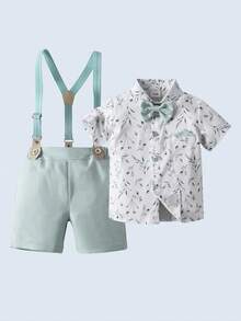 Conjunto de 2 peças para bebê menino estilo cavalheiro - Camisa de manga curta com gravata borboleta e bermuda verde com suspensórios, roupa formal elegante adequada para festas de aniversário de um mês, casamentos e cerimônias. - Verde - Ver 1