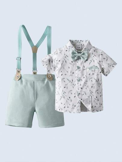 2pcs Baby Boys Gentleman Outfit - Short Sleeve Shirt With Bow Tie And Green Suspender Shorts, Stylish Formal Wear Suitable For Month Birthday Party, Wedding, Ceremony