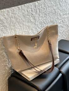 1pc Polyester Deer Pattern Decorative Large Capacity Zipper Shoulder Tote Bag, Suitable For Women's Daily Use - Beige - View 3