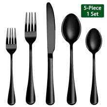 Juego de cubertería de 30 piezas de acero inoxidable negro PVD, servicio para 6 personas, cubiertos negros brillantes y duraderos para el hogar y la cocina, incluye cuchillo, cuchara y tenedor