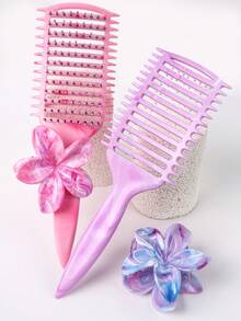 2件套美发造型梳套装：花朵造型发夹、弧形透气梳（加速干发）、男女通用扁平梳（干湿两用，适合卷发和浓密直发）、大理石纹花朵发夹，返校、旅行和度假必备，女士发饰