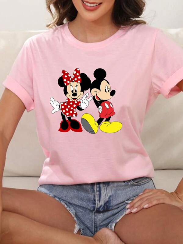 Disney Disney New Cute Mickey Mouse Graphic Print Women Loose Short Sleeve Homewear T-Shirt, Korean Ins Style Casual Comfy Versatile Top