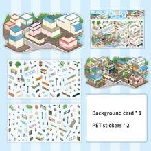 2.5D 大型风景贴纸，小镇系列，手工 DIY 3D 迷你房屋场景装饰贴纸，2 张宠物贴纸 + 1 张场景纸板，适用于学校用品，返校 - 彩色 - 查看 15