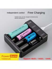 Cargador De Baterías Li-ion 4 Ranuras 3.7V 4.2V Para 18650 18500 14500 16340 10440 16650 18350 Con Chip Inteligente Protección Contra Inversión Sobrecarga Control Independiente Indicador LED Entrada 5V USB Salida 4.2V 1A Con Cable Type-C - Negro - Ver 3