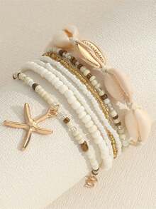 A Set Of 7 Pieces/Set Bohemian Style Ladies' Pearl Bracelets And Ankle Bracelets, With Shells, Pearls, And Star Pendants (Pearl Colors Are Matched Randomly) Valentine's Day Accessories