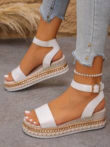 1 Pair Beige Thick-Soled Sandals For Teen Girls, Fashion Summer Wedge Heel Beach Sandals, Lightweight Waterproof Platform Sandals Suitable For Holidays And Everyday Wear