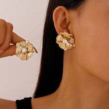 1 Pair Fashionable Luxury Elegant Rhinestone Metal Flower Stud Earrings, Suitable For Women Daily, Commute, Party, Banquet - Multicolor - View 13