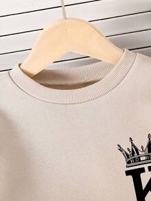 Tween Boy Letter Print Color Block Warm Round Neck Sweatshirt And Pants Set - Khaki - View 3