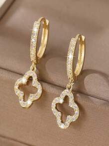 1 Pair Copper Encrusted Luxurious Hoop Earrings, Elegant Floral & Star Cutout Drop Earrings