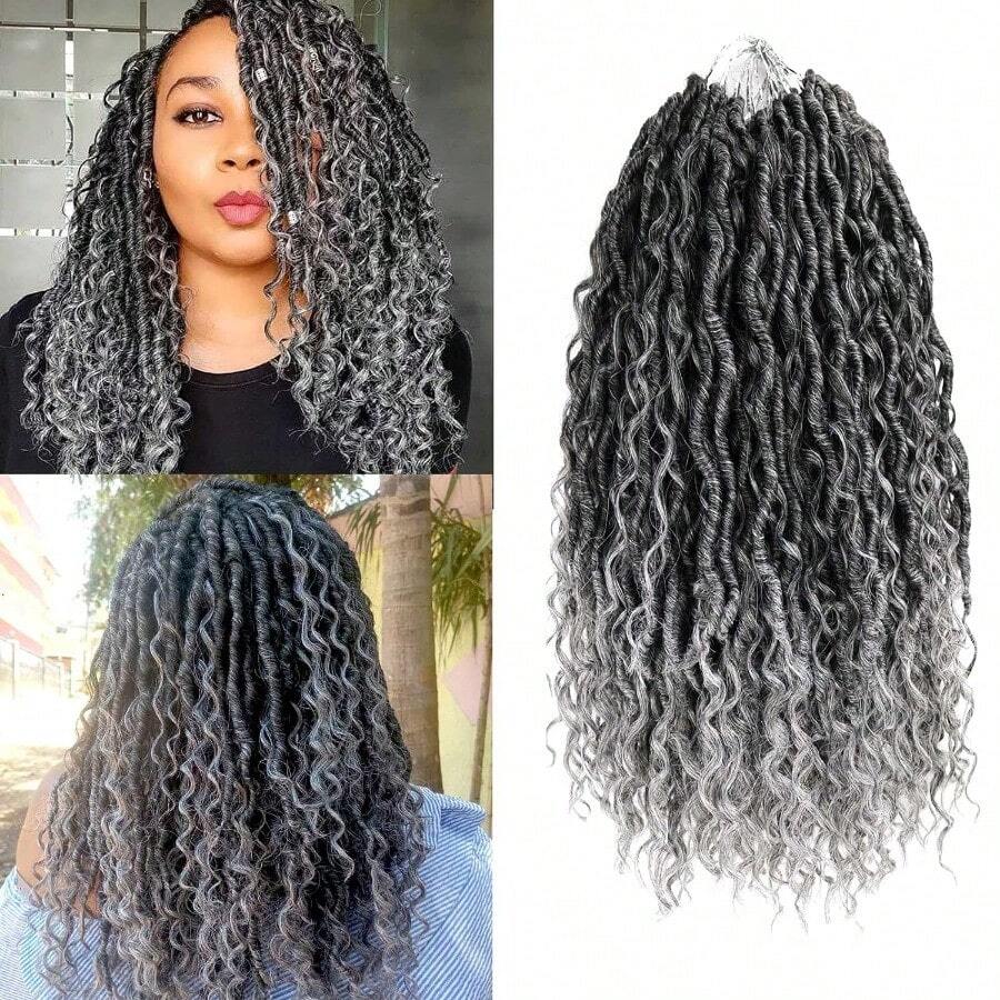 MOmbre Grey Crochet Hair For Women14 Inch Boho Godd Locs Crochet Hair 7 Packs Salt And Pepper Faux Locs With Curly Ends Pre Looped Hippie River Locs Crochet Braids 14" 7packs T1B Gray# 6001 - T1BGray - Xem 1