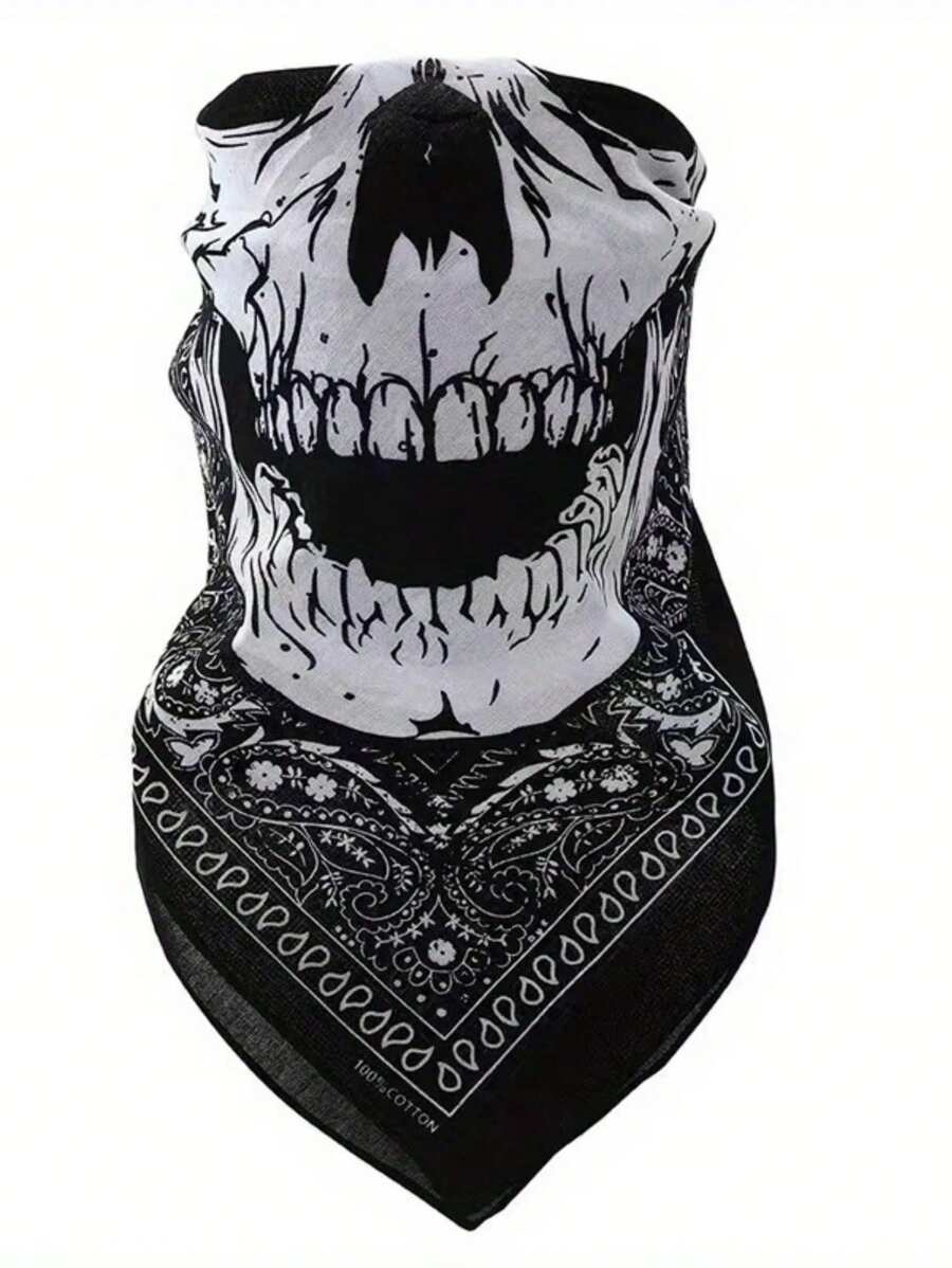 1 Stück einfarbiges Bandana - Totenkopf & Vintage Muster Quadratischer Schal, Schwarz & Weiß, Maschinenwaschbar, Unisex, geeignet für Motorradfahren, Outdoor, Modeaccessoire, Motorradteile, Schickes Accessoire, exquisites Musterdesign