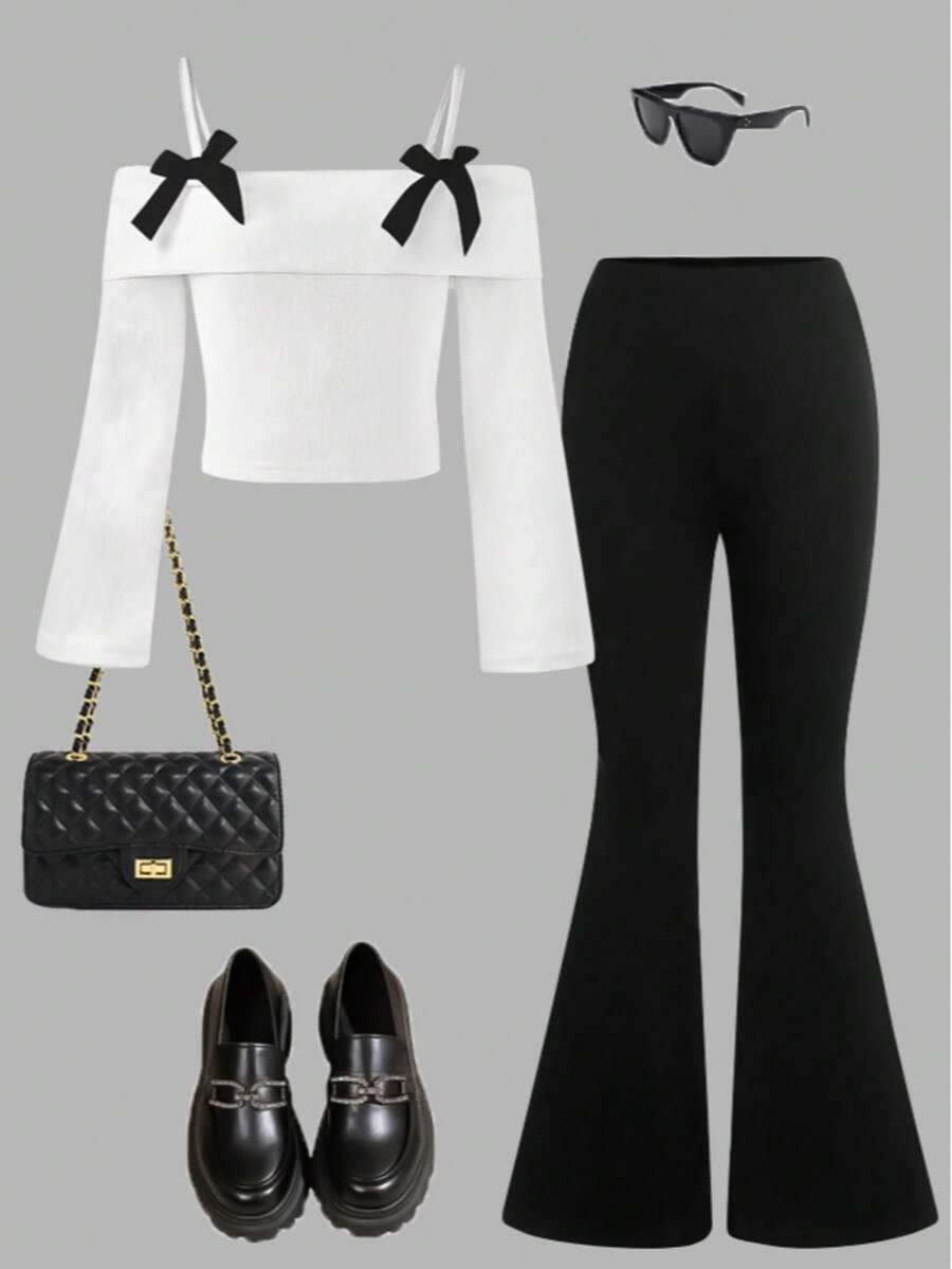 2pcs Tween Girl Suit Set, Bowknot Off Shoulder Long Sleeve Blouse + Elastic Waist Flared Pants, Casual Outfit For Girls, Soft And Comfortable, Elegant And Stylish - 白色 - 查看 1