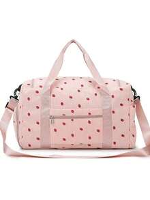 1 件草莓图案灯芯绒材质旅行行李袋，大容量衣物收纳，带独立鞋隔层和干湿袋，可拆卸可调节肩带，适合旅行、游泳、运动健身学校包学校配件学校用品旅行必需品假日度假行李袋行李箱旅行包女士