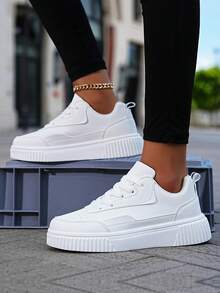 Women's Outdoor Casual Sneakers, New Breathable Non-Slip Durable Solid Color Platform Shoes, Comfortable Daily Wear, Spring & Autumn - trắng - Xem 5