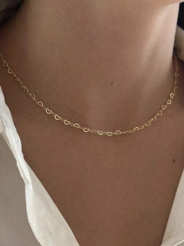 1pc 35+5cm Stainless Steel Hollow Heart Shape Collarbone Chain Simple Women's Necklace Jewelry Gift