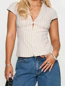 Women Striped Suit Vest Shirt,Short Sleeve Lapel V-Neck Button Closure Slim Fit Summer Tops Streetwear Sleeveless Jacket Formal Vest Streetwear - 白色 - 查看 4