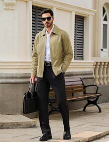Men's Cotton Full Zip Up Work Jackets Turndown Collar Business Casual Windbreaker With 3 PocketsChristmas O5SK - Màu Khaki - Xem 5