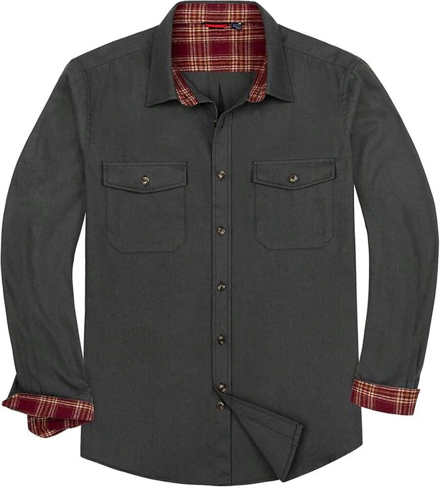 Men's Solid Flannel Shirt Work Long Sleeve Casual Button Down Shirts Outdoor Cotton Warm Shackethalloween - 灰色 - 查看 1