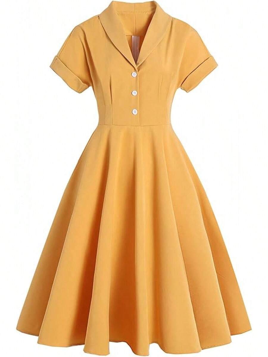 Women Vintage Cocktail Swing Dress, Midi Evening Dress, Rockabilly 50s 60s 1950shalloween - Ginger Yellow - 查看 1