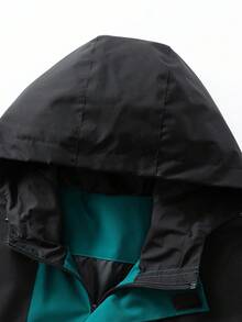 加大码男士休闲夹克，撞色拼接连帽设计，带口袋，适合休闲、旅行、度假和户外活动，春秋季穿着。 - 墨綠色 - 查看 3