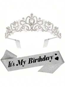 银色生日绶带和皇冠 女士银色生日绶带 生日皇冠 成人女士 闪光生日绶带 女士生日头饰 公主皇冠 生日装饰 派对回礼品