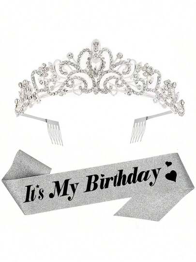 银色生日绶带和皇冠 女士银色生日绶带 生日皇冠 成人女士 闪光生日绶带 女士生日头饰 公主皇冠 生日装饰 派对回礼品