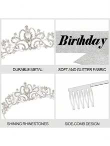 银色生日绶带和皇冠 女士银色生日绶带 生日皇冠 成人女士 闪光生日绶带 女士生日头饰 公主皇冠 生日装饰 派对回礼品