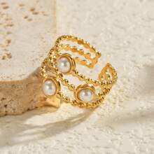 1pc Gold/Pink Stainless Steel & Natural Stone Women's Vacation Style Ring, Fashion Jewelry