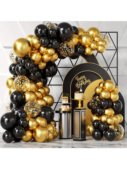 107pcs Black & Golden Balloon Garland Kit With Confetti - Perfect For Weddings, Birthdays, Anniversaries, Graduations & Festivals - Indoor/Outdoor Party Decorations