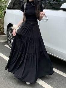 白色高腰A字裙，迷人的泡泡下摆设计，适合春夏季 - 黑色 - 查看 1