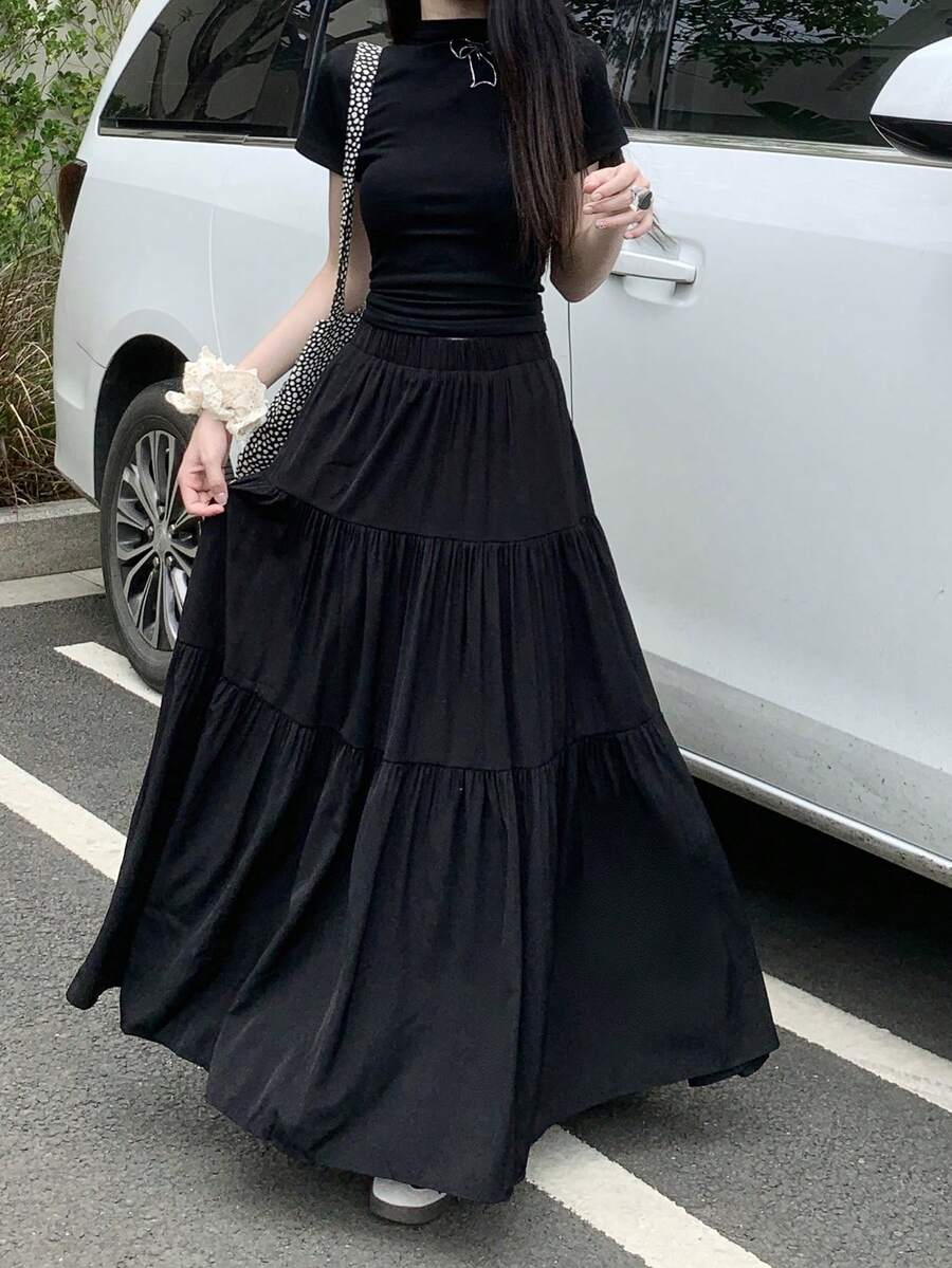 白色高腰A字裙，迷人的泡泡下摆设计，适合春夏季 - 黑色 - 查看 1