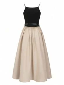 Women's Summer Vacation Dress, Casual Vacation Black Knitted Splicing Apricot Cotton And Linen Long Dress, Free Belt, A-Line Dress, Date Dress, Waist Dress, Cotton And Linen Dress, Birthday Dress, Hepburn Style Dress, Suitable For Vacation/Outing/Dating/Party/Business Casual, Summer & Spring 2025 New,Summer Dresses For Women