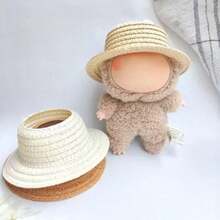 1 Piece Of Hollow Hat, Natural Straw Material, Round Hollow Ear Hole Design, Removable Doll Headdress For Labubu Sitting Series Doll Hat, Suitable For Toy Decoration, Party, Collection Display, Desktop Scene Layout - Multicolor - View 3
