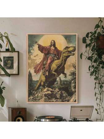 FajerminArt 1pc Optional Frame Vintage Jesus Riding Dinosaur Posters For Living Room & Bedroom Decor Wall Arts Decor Canvas Painting Gift Posters