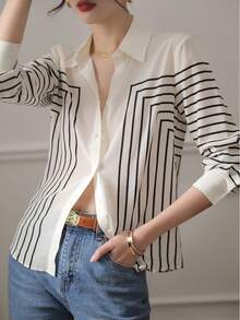 YUXIN Women's Spring/Autumn Geometric Striped Silk Blouse, Long Sleeve Fitted Collared, Breathable & Fashionable, Suitable For Office/Light Social Occasions - Multicolor - View 5