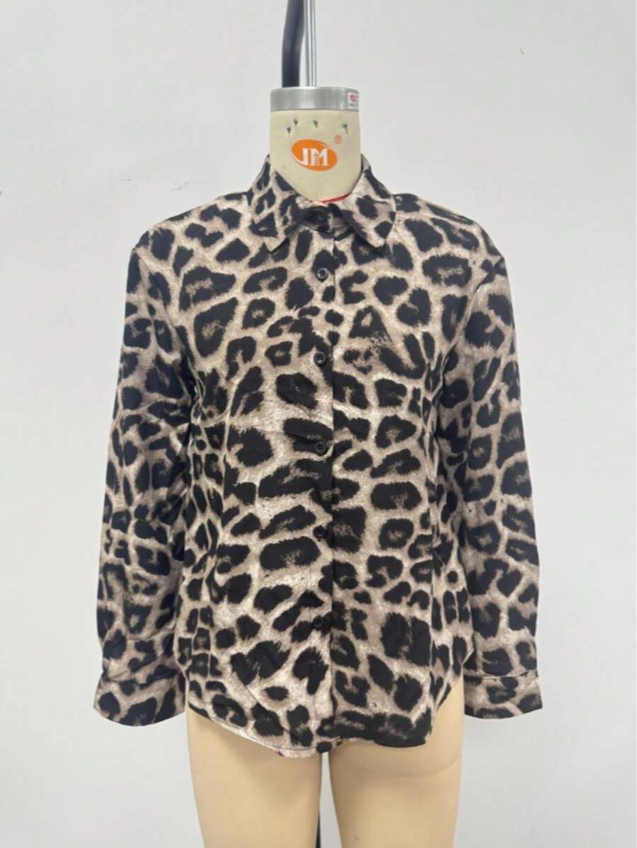 Women's Casual Long Sleeve Leopard Print Collar Button Down Shirt ...