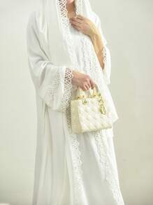 4pcs/Set Lace Trim Abaya With Sleeveless Tank Dress, Headscarf, And Belt