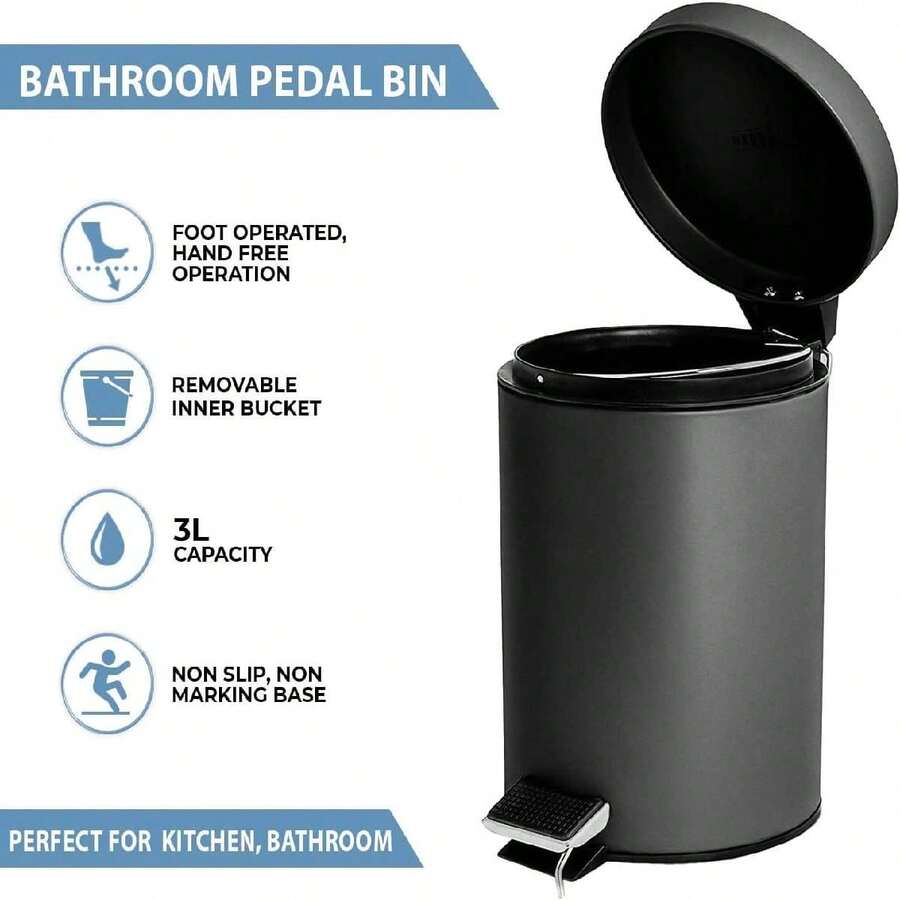3 LITRE SMALL S/S PEDAL BIN BATHROOM KITCHEN TOILET RUBBISH - Black - View 1