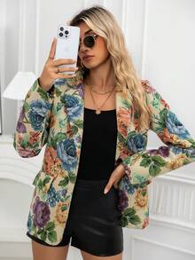 Women's Fashion Floral Print Lapel Single-Breasted Mid-Length Casual Long Sleeve Blazer, Spring/Autumn