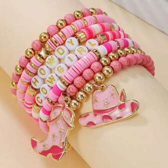 Hot Style 7pcs Fashion Letter Western Cowgirl Multi-Layer Elastic Pink Soft Clay Bracelet Set Suitable For Women's Daily Wear Or As A Gift For Girlfriend, Friends, Suitable For, New Year Gifts, Valentine's Day Gifts, New Year's Gifts, Birthday Gifts, Festival Gifts